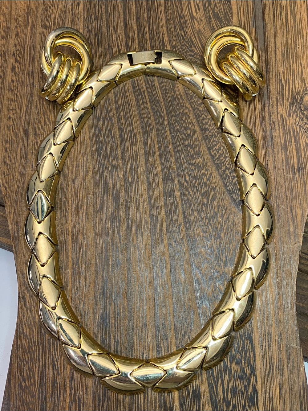 Vintage Gold Tone Sculptural Statement Necklace & Clip-On Earrings Set